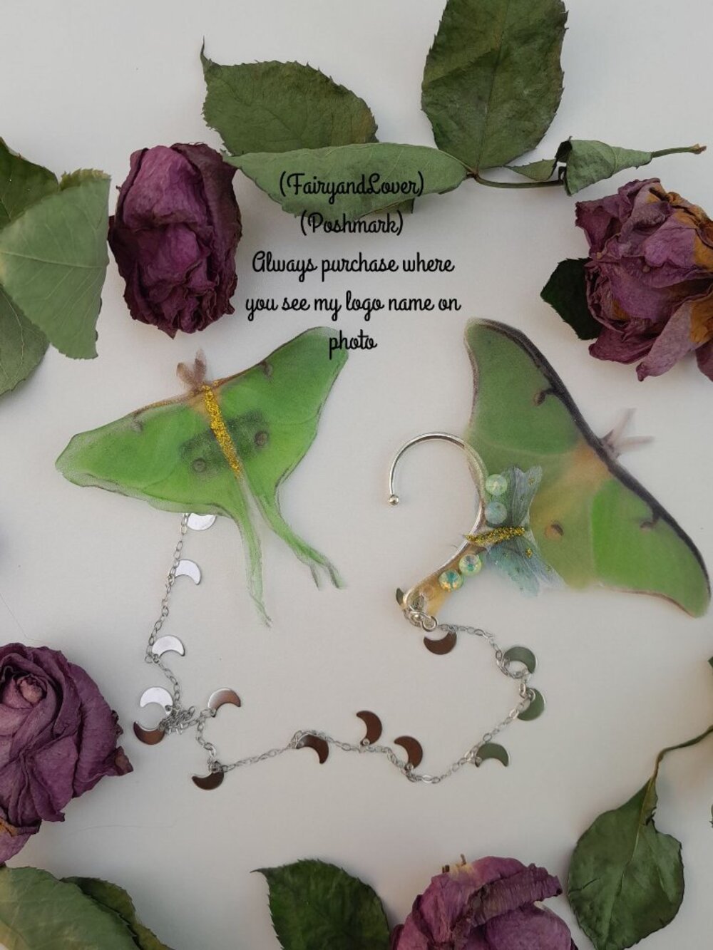Fairy Butterfly Silk Luna Moth Ear Cuff No Piercing with Chain & Hair Comb gift